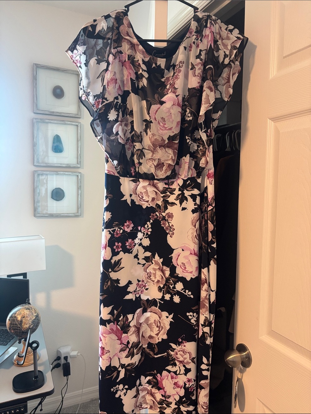 connected apparel Black Maxi Dress with Pink and Cream Floral Print